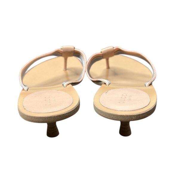 GUCCI GG Kitten Heel Beige Sandals Web Canvas Pink Blue Striped Thong Size 9.5 - Picture 4 of 9